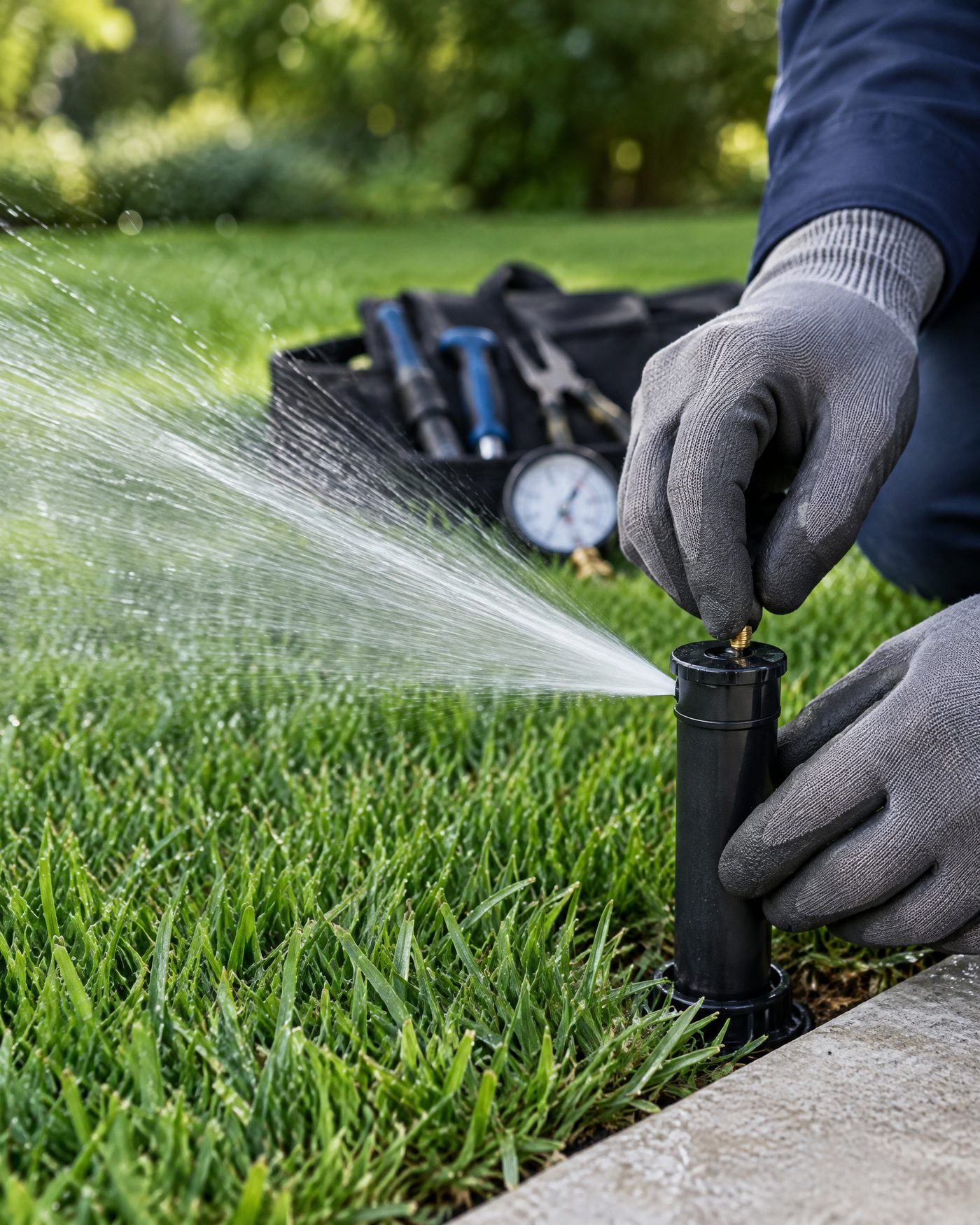 Irrigation specialist adjusting a standard U.S. black pop-up sprinkler head