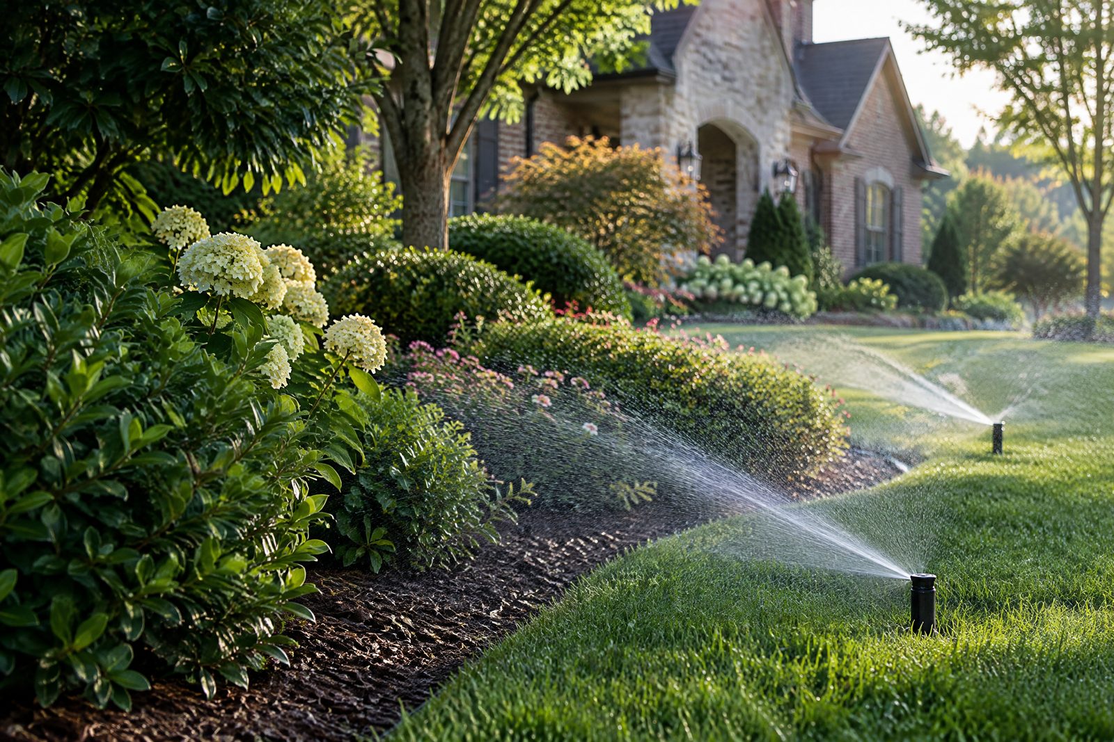 Authentic black pop-up sprinklers providing even coverage on a Franklin-area lawn