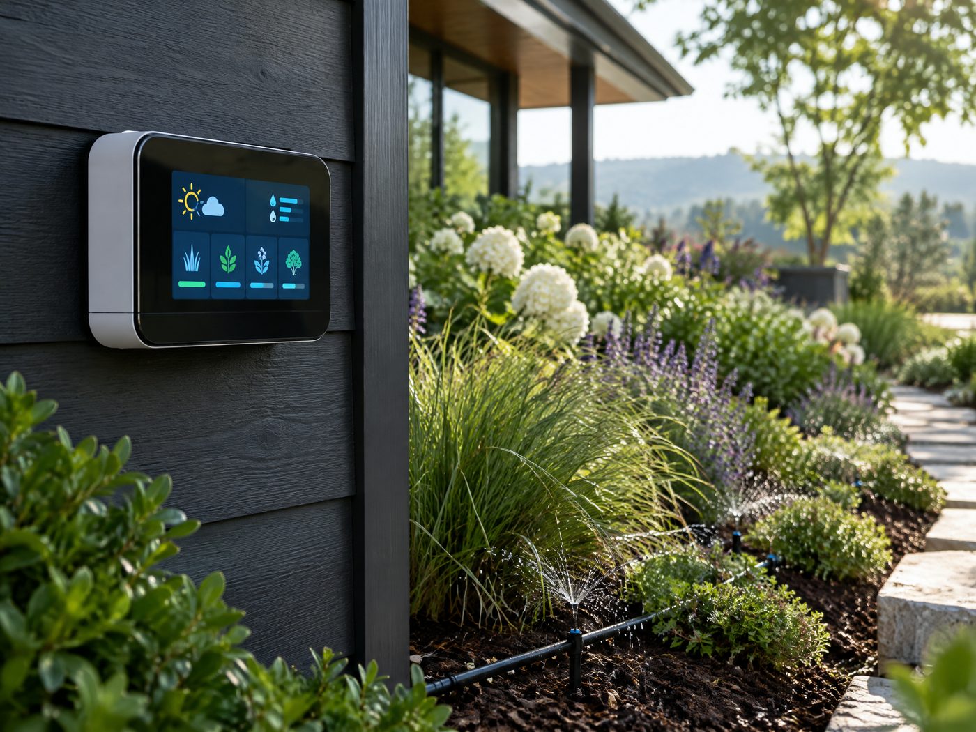 Modern smart irrigation controller beside a refined garden